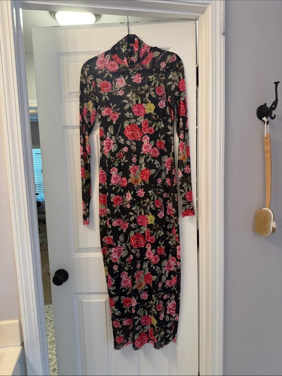 AFRM Dresses & Skirts - AFRM Black Floral Long-Sleeve Mesh Turtleneck Dress